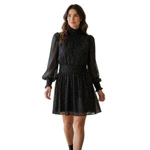 Aqua Star Print Mock Neck Mini Dress Black Size M Metallic Gold Star Long Sleeve